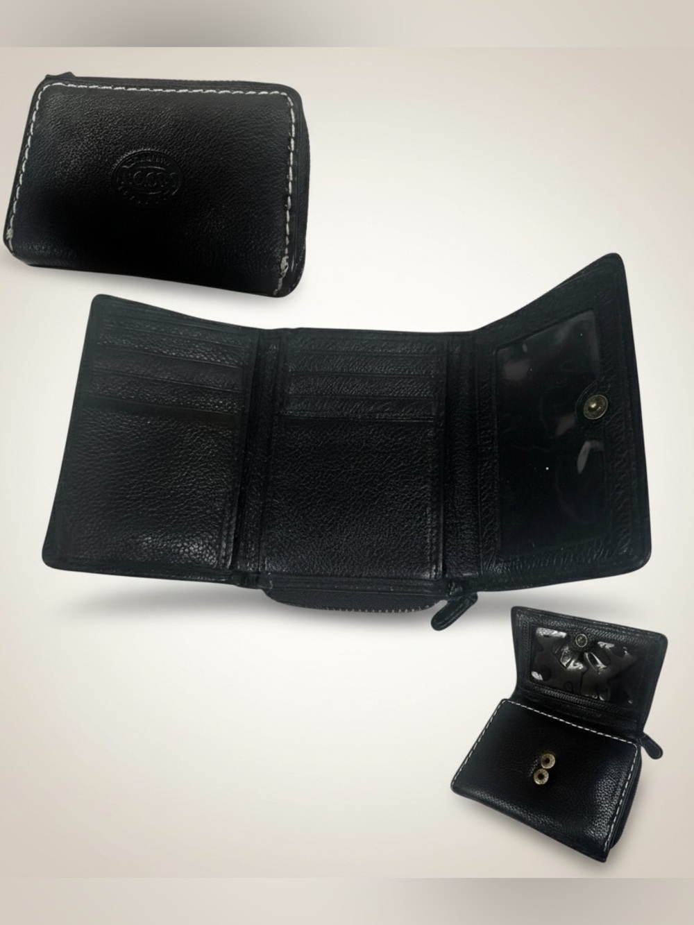 Roots Black Leather Trifold Wallet White Stitch Zip Coin Pocket Organizer Case